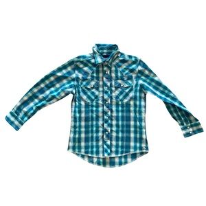 Boys MediumWrangler Blue Green and White Pearl Snap Long Sleeve Button Up Shirt